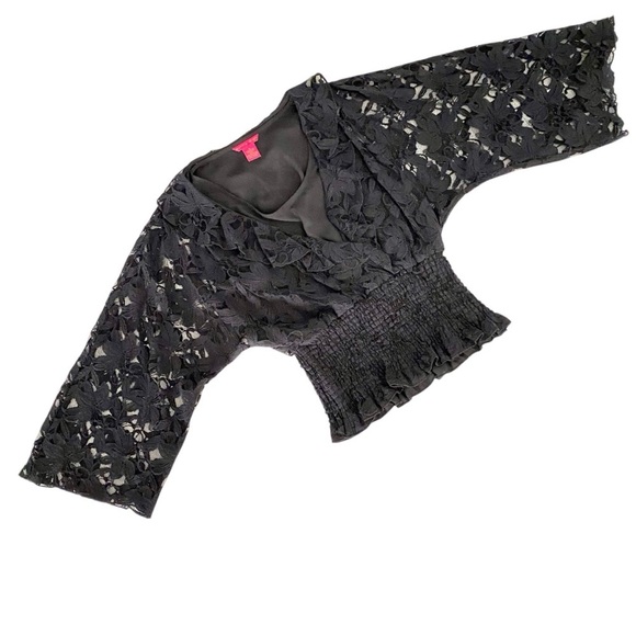 Sunny Leigh Black Lace Blouse Size Medium Smocked Waist Long Sleeve Top - Picture 4 of 14